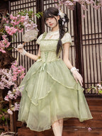 Green Orchid Chinoiserie Lolita OP Dress and Flower Hairclips Set - image 5
