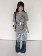 Gray Crew Neck Tee with Distressed Print - innomoood - image 4