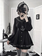 Black Sailor-Collar Jirai Kei Dress, Shorts and Tie Set - image 3