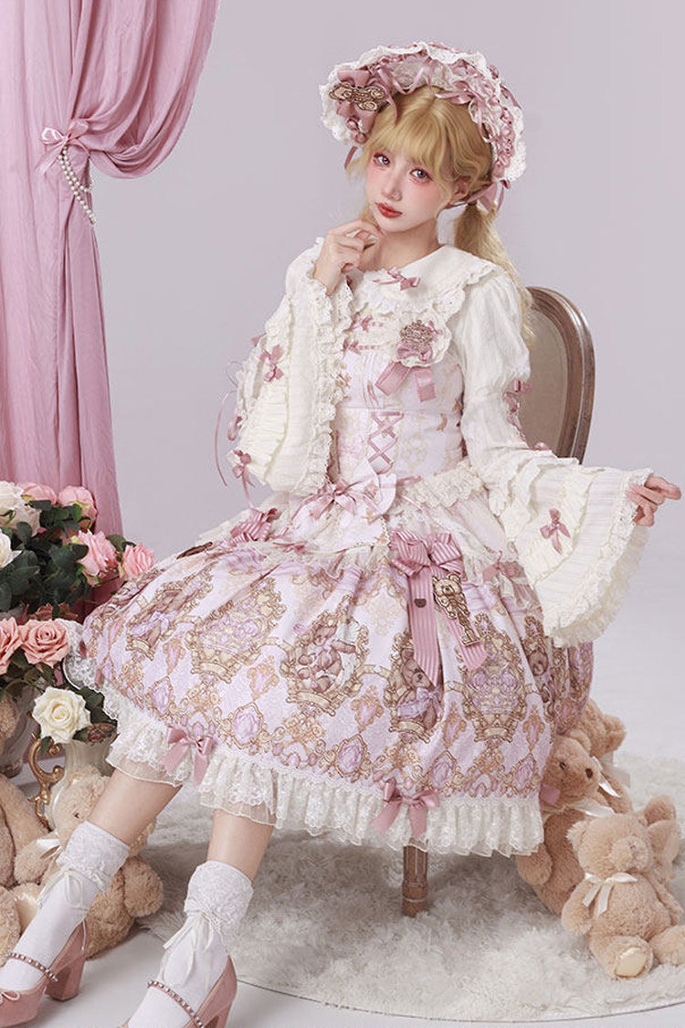 Antique Teddy Bear - Sleeveless Printed Bow Lace Sweet Elegant Lolita JSK Dress - image 9