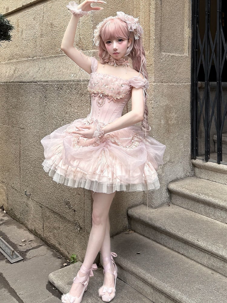 Pink Balletcore Princess Lolita Corset Top and Ruffle Skirt Set - image 5