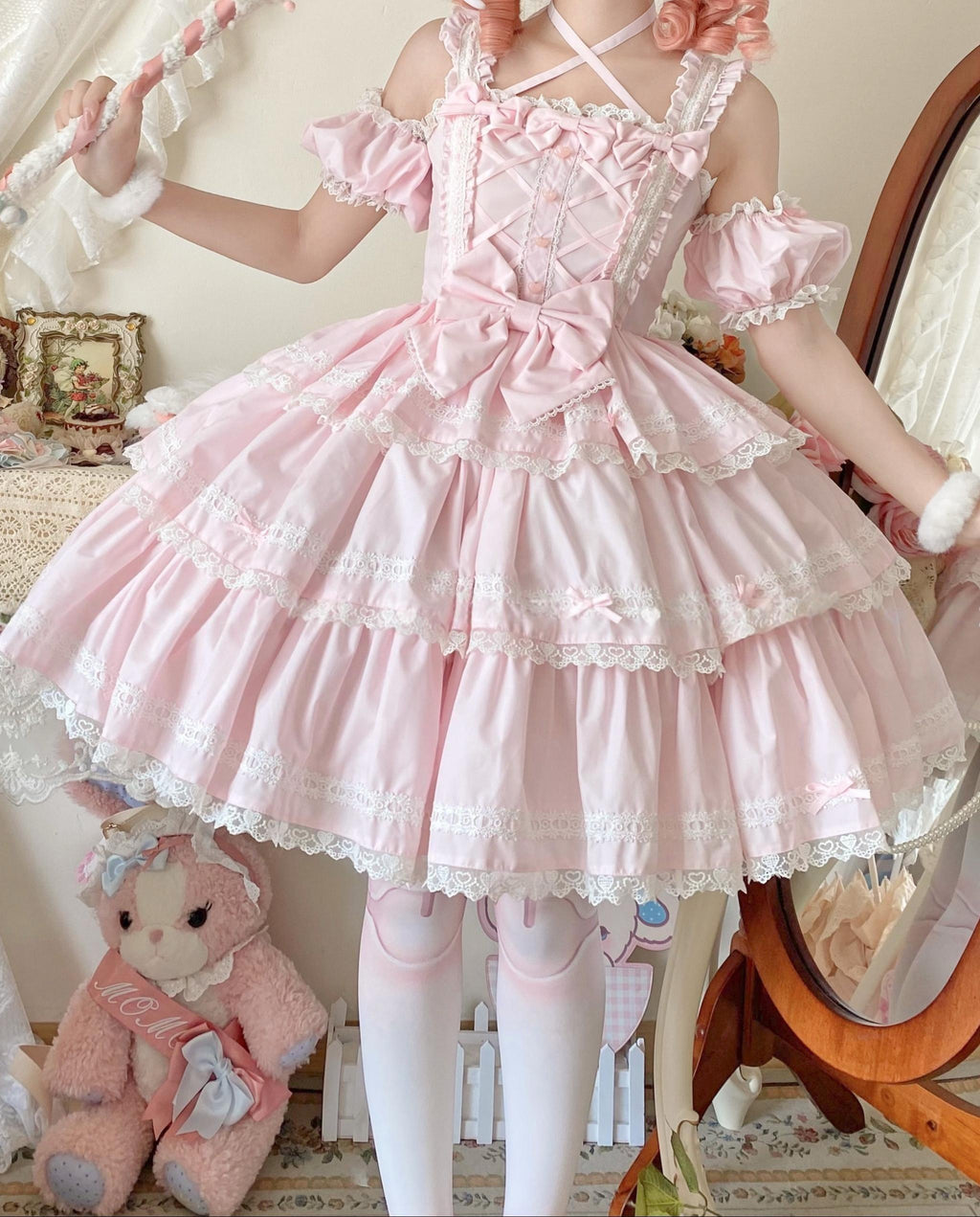 Rose Romance - Pink Sweet Lolita JSK Dress, Tiered Hem - image 5