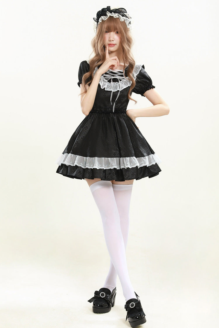 Night Alley Angel - Lapel Collar Short Sleeves Jacquard Ruffled Lace Gothic Lolita Dress - image 6