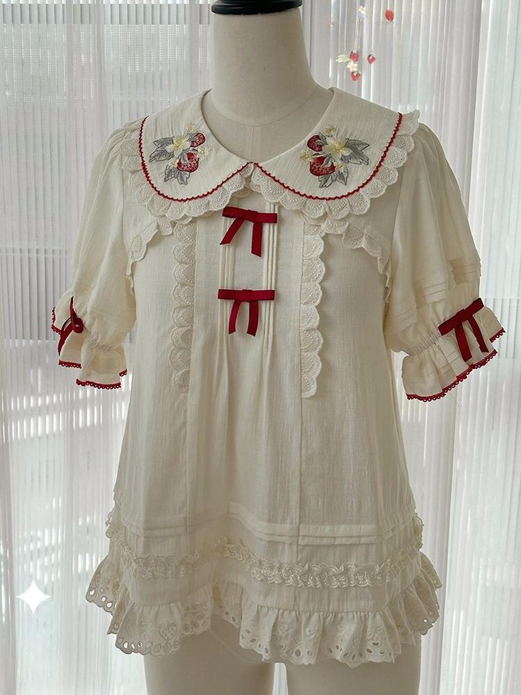 Sweet Lolita Shirt Strawberry Embroidery Ivory Blouse - image 1