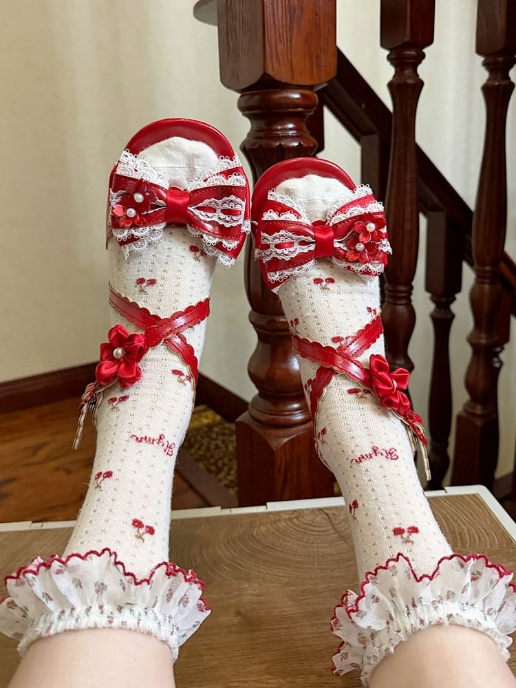 Red Lolita Bow Flower Lace-Trim Low-Heel Sandals with Back Bows - image 1