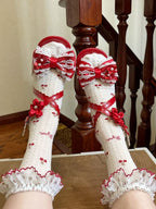 Red Lolita Bow Flower Lace-Trim Low-Heel Sandals with Back Bows - image 1