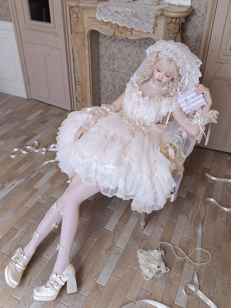 Champagne Illusion Neckline Princess Lolita JSK Dress Full Set - image 4