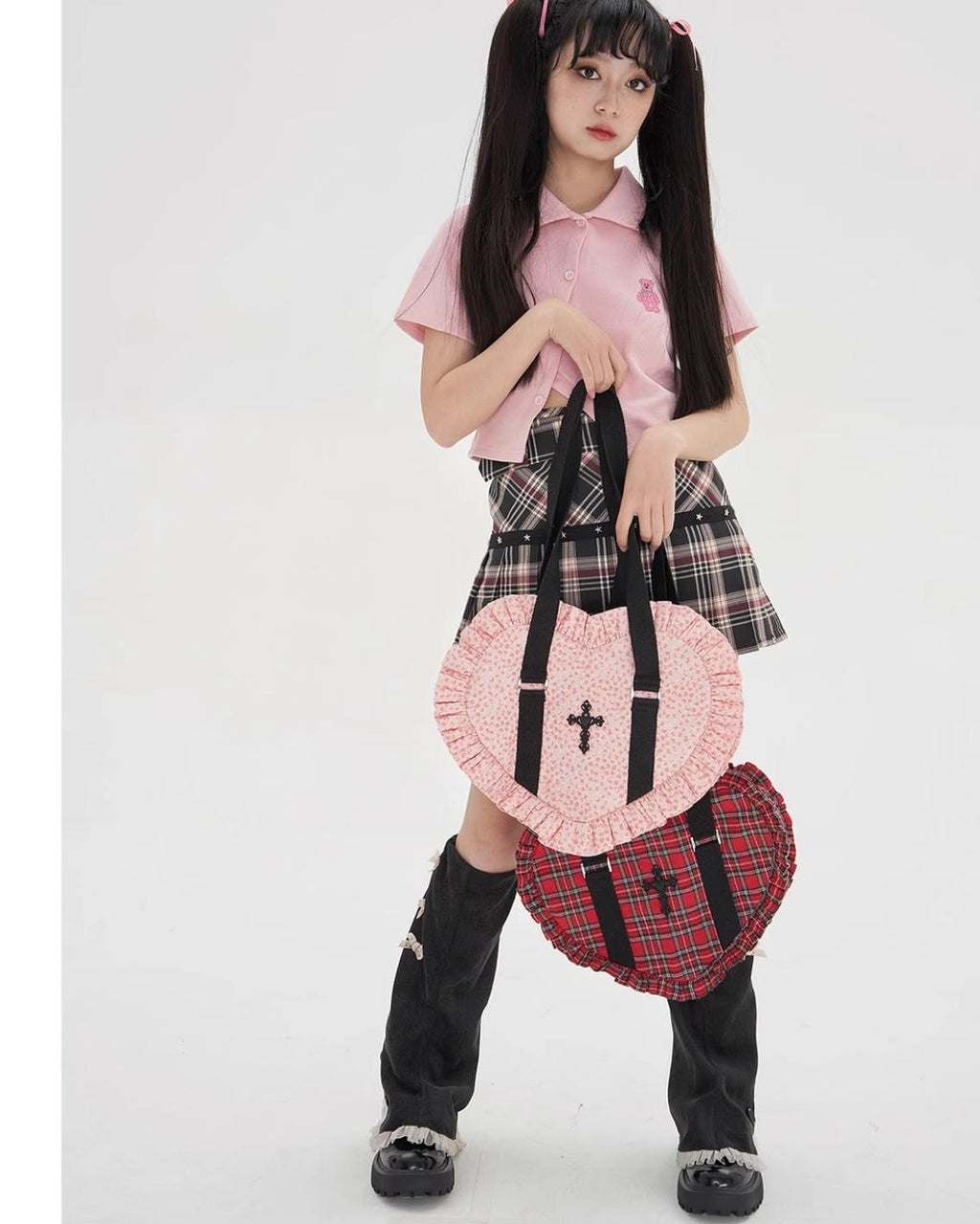 Vintage Lolita Heart Shaped Plaid Dot Print JK Uniform Bag - image 6
