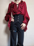 Crimson Poet Shirt with Floral Pins and Chain Accents - Shi Zhi Mao - image 7