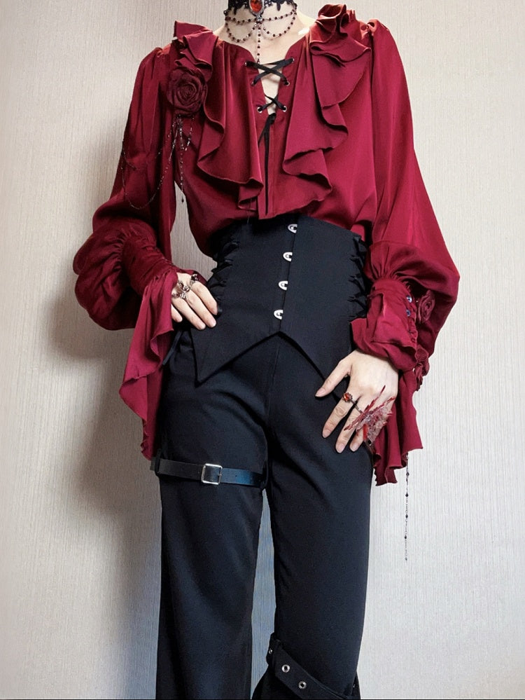 Crimson Poet Shirt with Floral Pins and Chain Accents - Shi Zhi Mao - image 7