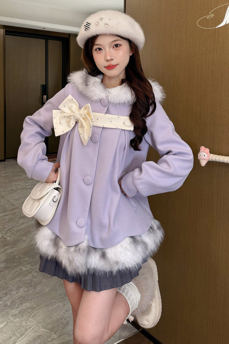 Long Sleeves Plush-Trim Polka Dot Printed Bow Hooded Sweet Lolita Coat - image 5