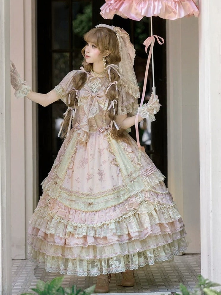 Refined Pink Lace-Trim Floral Embroidered Lolita Dress with Bow Train - Mademoiselle Pearl - image 5