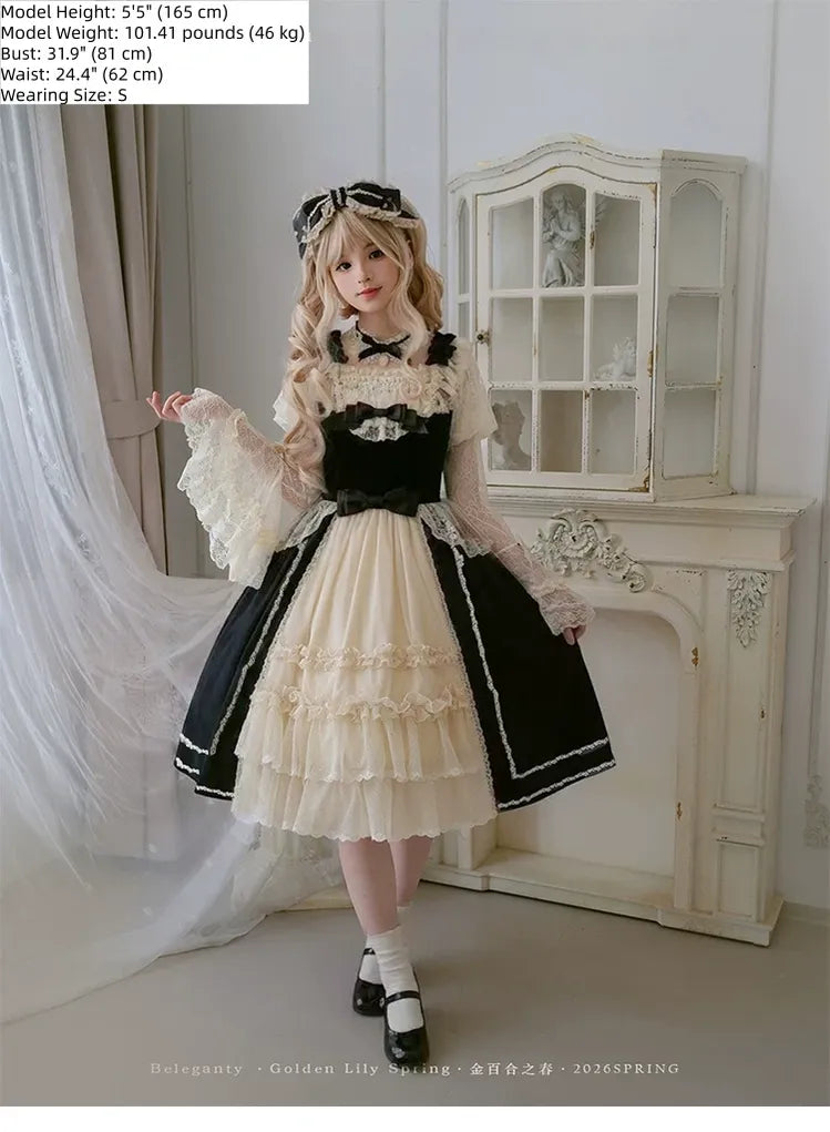 Spring of Golden Lily - Satin Classic Lolita Lily Print Dress, Front Opening and Accessories - image 4