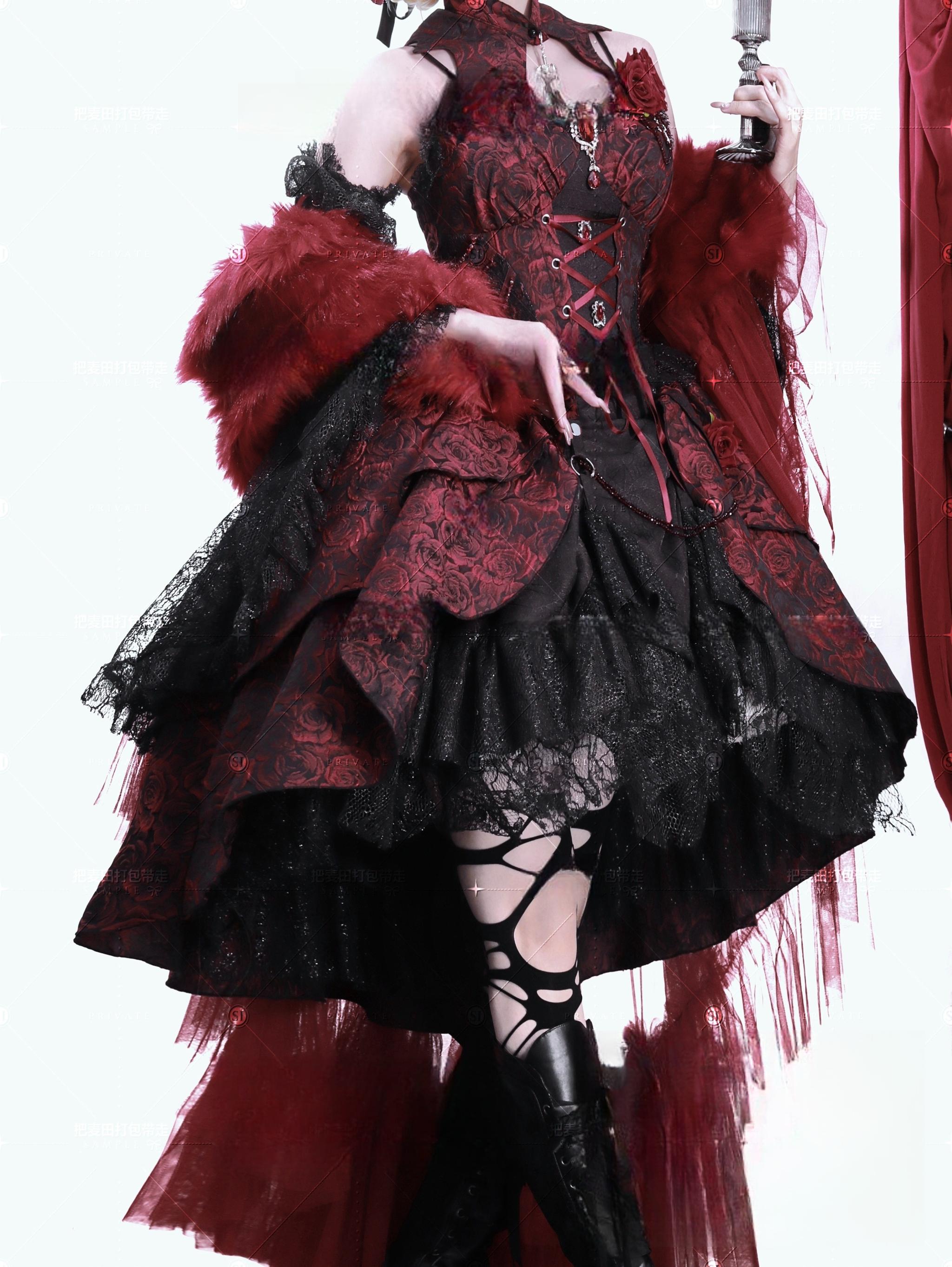 Rose Blood - Black Red Gothic Lolita JSK Jacquard Court Dress - image 3