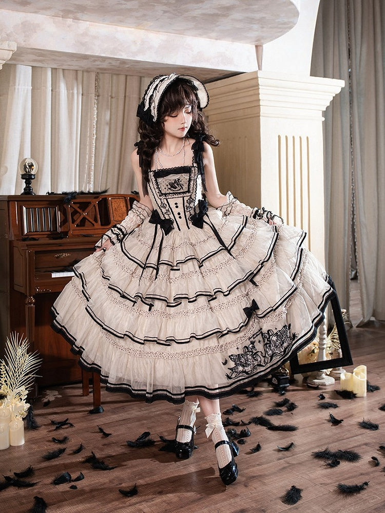 Beige and Black Swan-Embroidered Ruffled Classic Lolita JSK - image 7