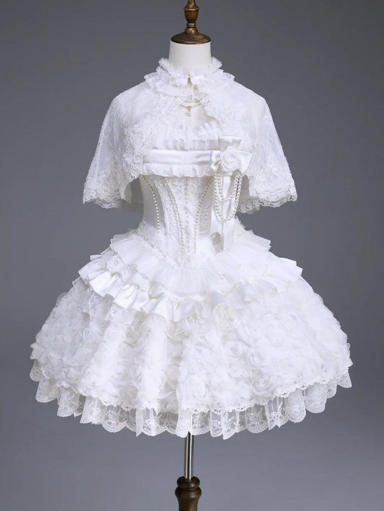 White Hime Lolita Elegant JSK Dress Cape Brooch and High-Low Overlay Set - image 8