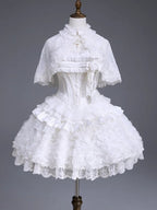 White Hime Lolita Elegant JSK Dress Cape Brooch and High-Low Overlay Set - image 8