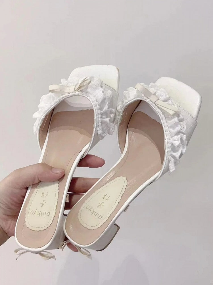 Pinkyo White Bow Ruffle Low-Heel Lolita Sandals - image 3