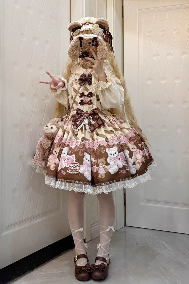 Chocolate Brownie - Sleeveless Printed Ruffled Bow Lace Sweet Lolita Strap Dress 2 Colors - image 8