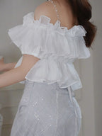 White Ruffle Chiffon Cami with Beaded Straps - Smyster - image 2