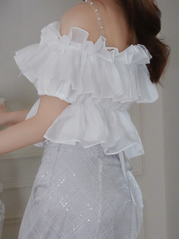White Ruffle Chiffon Cami with Beaded Straps - Smyster - image 2