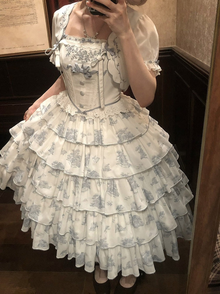 Blue and White Floral Print Lolita JSK with Bow Details - image 15