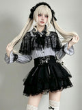 Midnight Blue Lace-Cape Blouse with Long Sleeves - AMAHAKAWA - image 1