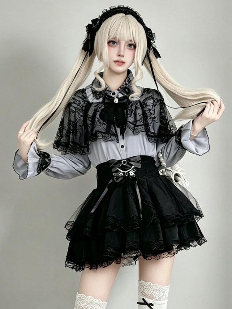 Midnight Blue Lace-Cape Blouse with Long Sleeves - AMAHAKAWA - image 1