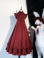 Red Gothic High-Neck Ruffled Lolita Dress with Detachable Sleeves - image 1