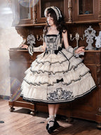 Beige and Black Swan-Embroidered Ruffled Classic Lolita JSK - image 9