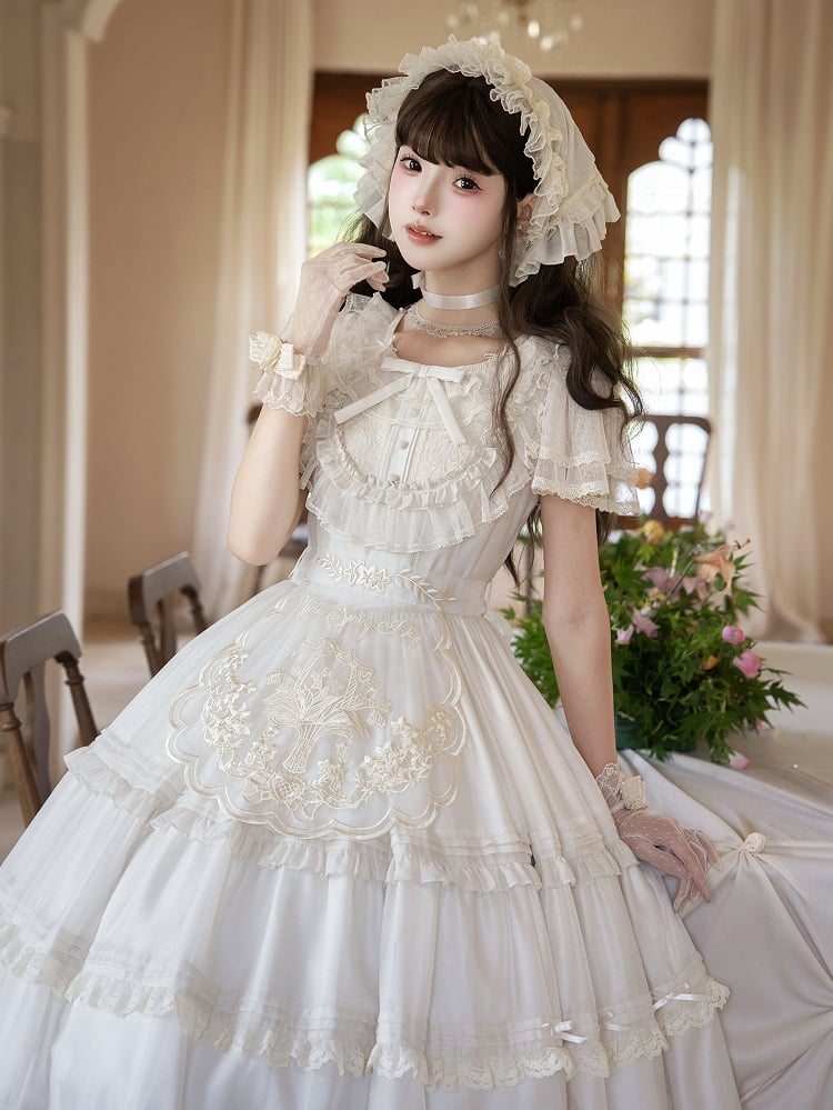 Beige Dots Tulle Flutter-Sleeve Lolita OP Dress with Embroidered Waist Belt - image 6