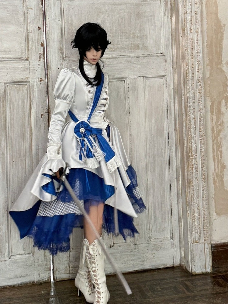 White and Blue Military Lolita Knight Top and Layered Skirt Set - image 3