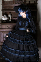 Wings and Bouquet - Dark Classic Lolita Blouse and SK Set, Layered Blue Ruffles - image 1