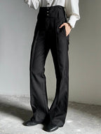 Black High-Waisted Ouji Flare Pants – Straight-Leg Buttoned Waistband | ASAE - image 1