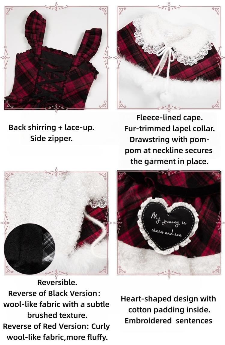 Snow Night Serenade - Fluffy Plaid Kawaii Lolita JSK, Reversible Cape and Accessories - image 27