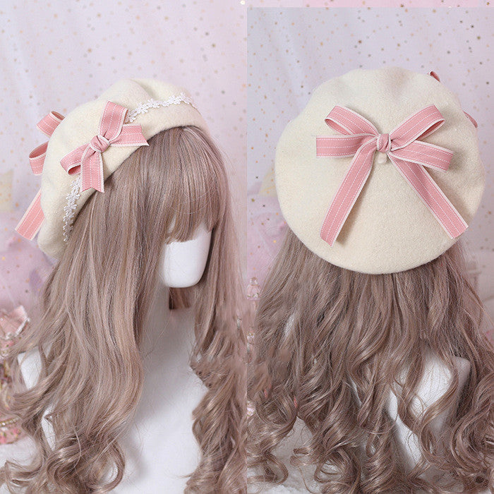 Xiaogui - Sweet and Lovely Daisy Bowknot Woolen Beret - image 8
