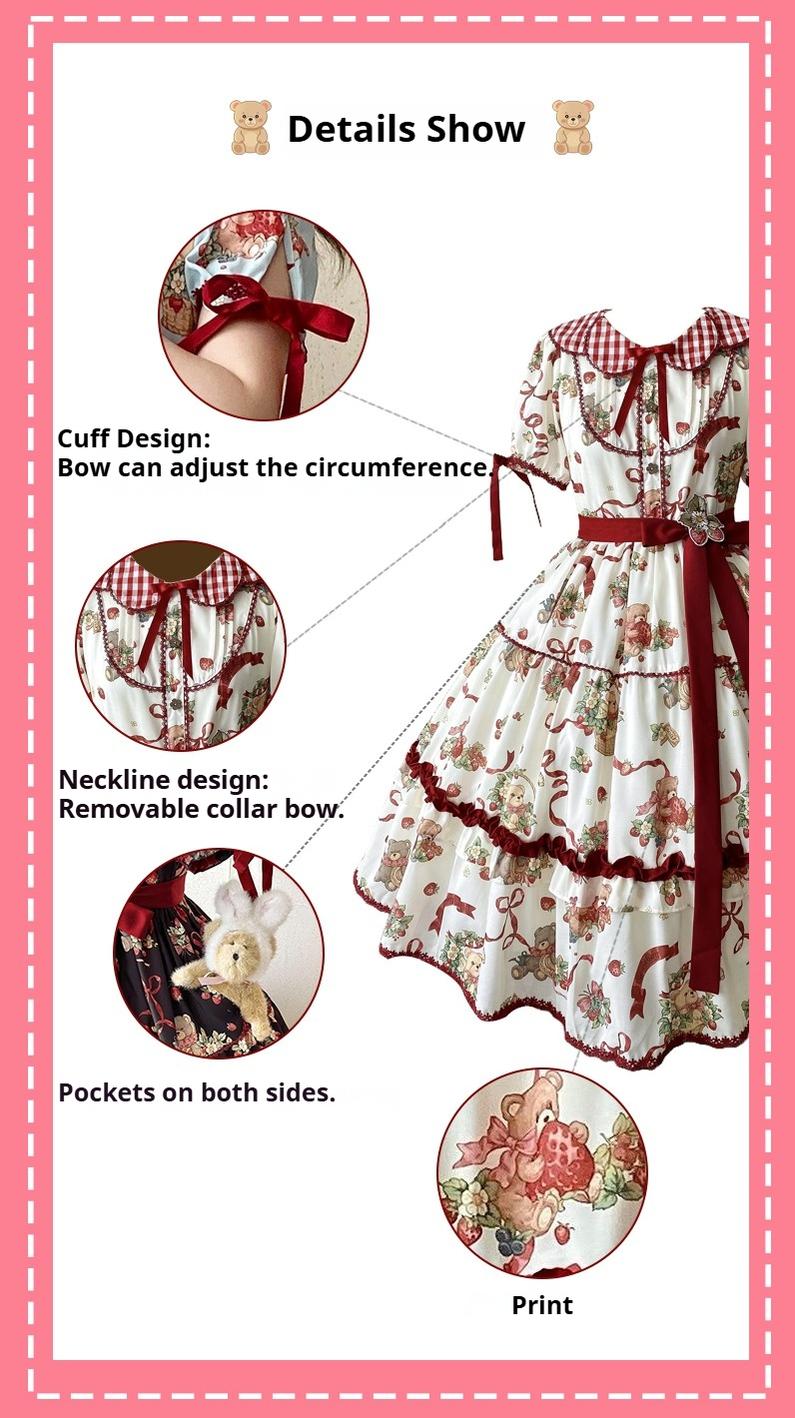 The Bear's Strawberry Field - Daily Lolita OP Dress With Petal Collar & Bear Strawberry Print and Accessories - image 19