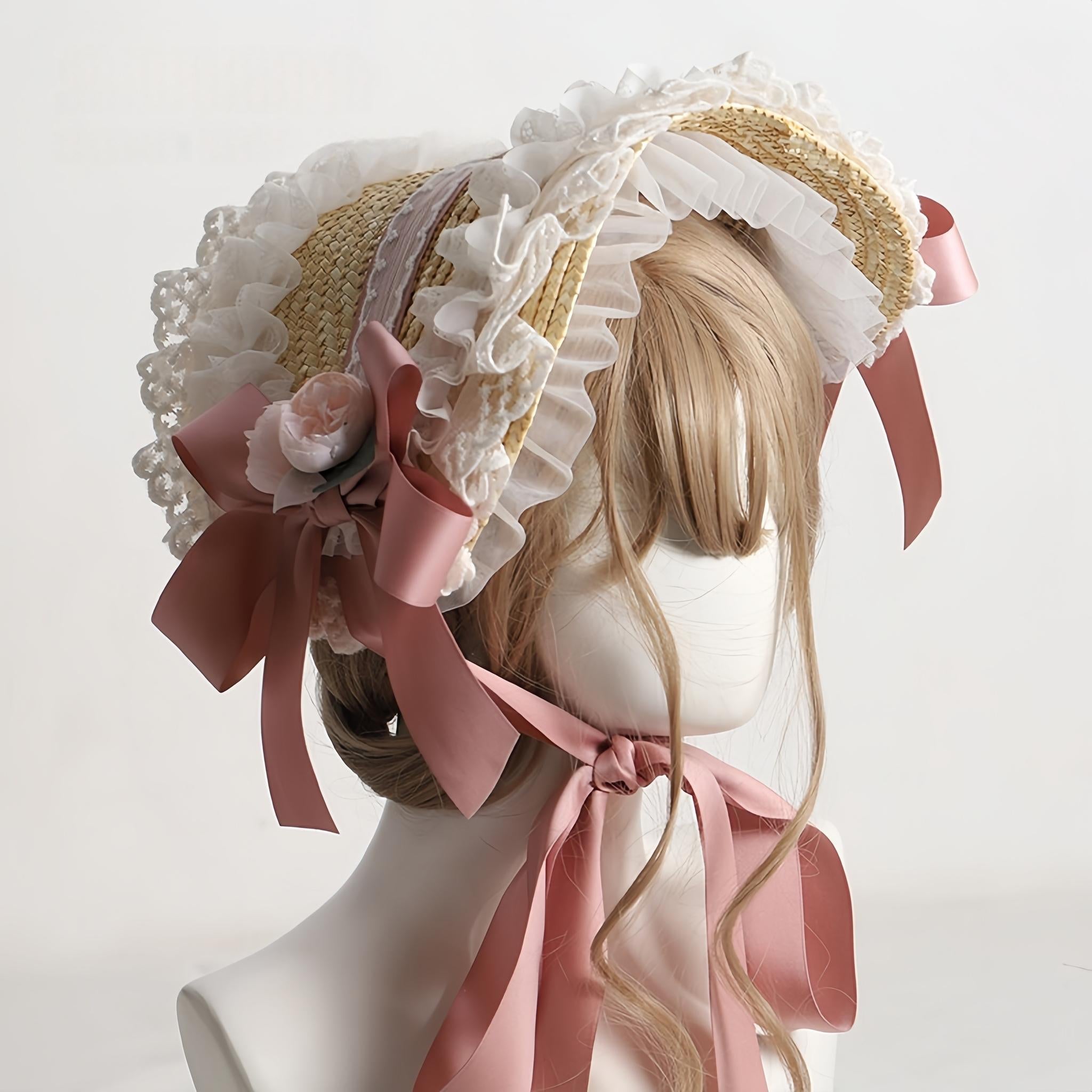 Country Straw BNT Lolita Headpiece with Ruffled Lace - image 4