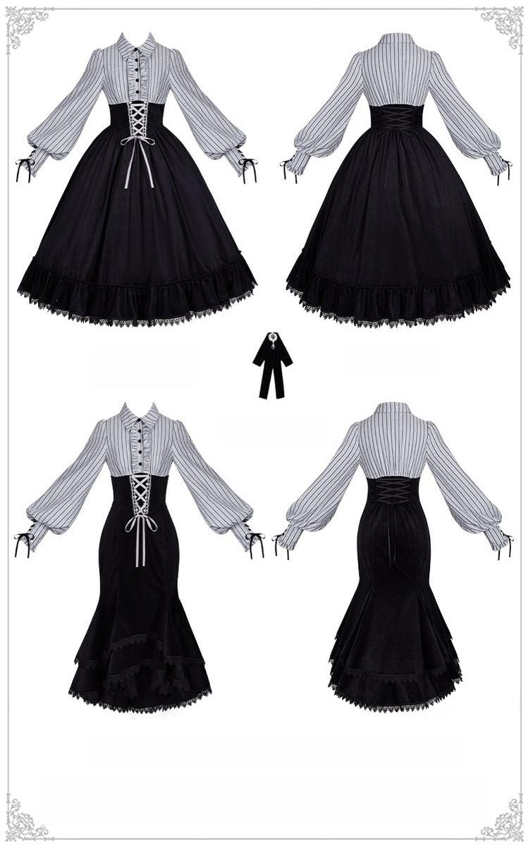 Dusk Moment - Classic Lolita Striped OP & Mermaid Dress Set, Fishbone Waist - image 26