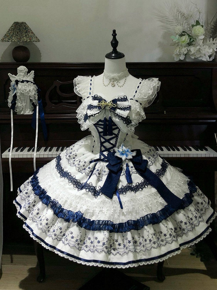 Blue and White Porcelain Corset Waist Lolita JSK Dress with Tassel Bows - image 1