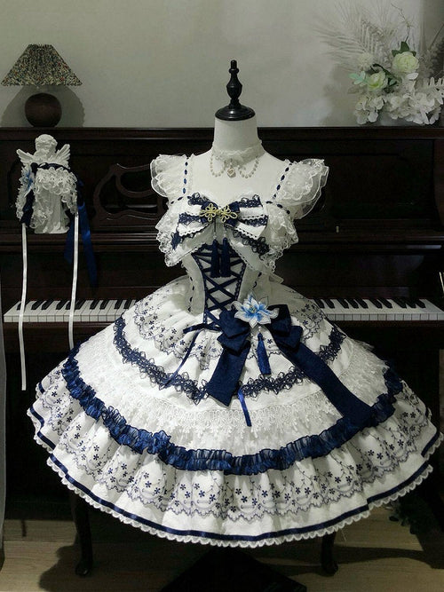Blue and White Porcelain Corset Waist Lolita JSK Dress with Tassel Bows - image 1
