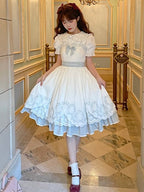 White and Blue Lace-Trim JSK Dress with Bow and Belt - image 5