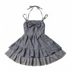 Graphite Halterneck Slip Dress with Lace Details and Ribbon Bow - PINK SAVIOR - image 2
