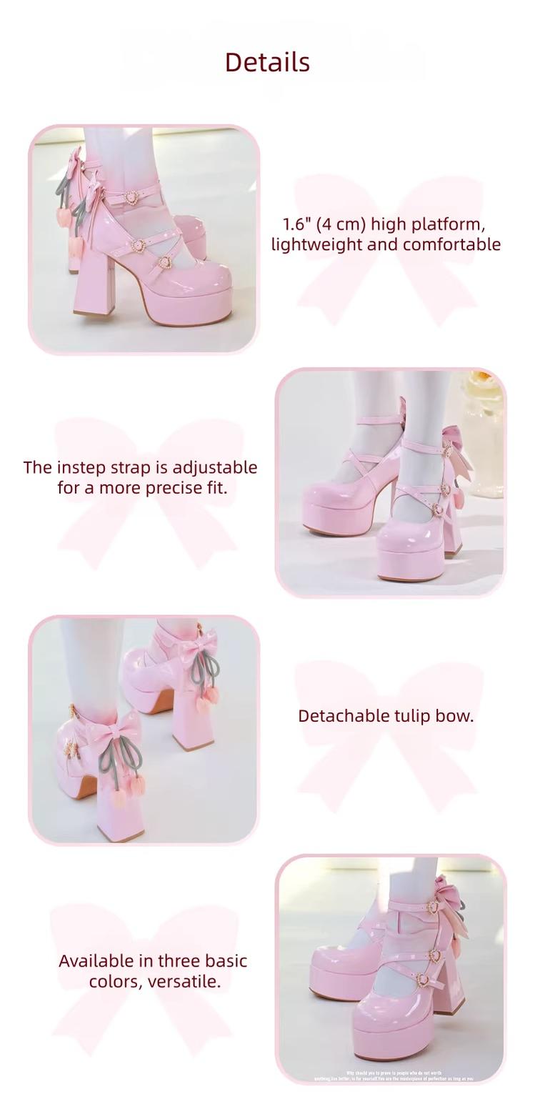 Whispering Tulip - Classic Lolita Heel Shoes with Detachable Bows - image 5