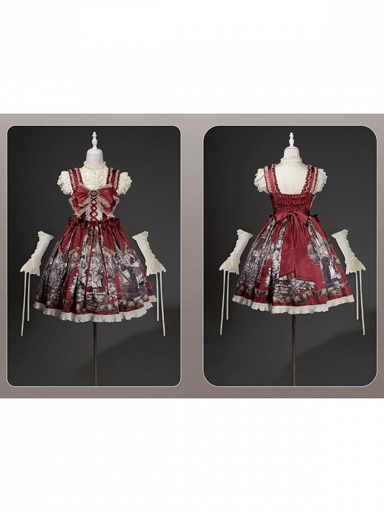 Wine and Beige Floral Lolita JSK Set with Puff-Sleeve Top and Arm Sleeves - image 4