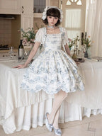 White and Blue Floral Embroidered Lolita JSK with Detachable Belt - image 6