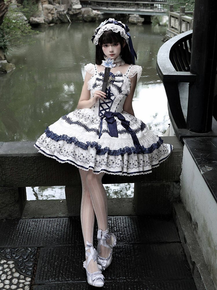 Blue and White Porcelain Corset Waist Lolita JSK Dress with Tassel Bows - image 5