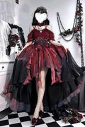 Red and Black Bowknot Irregular Gothic Princess Lolita JSK Dress - image 1