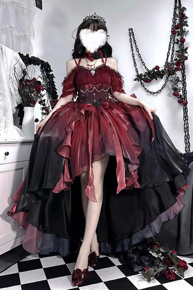 Red and Black Bowknot Irregular Gothic Princess Lolita JSK Dress - image 1