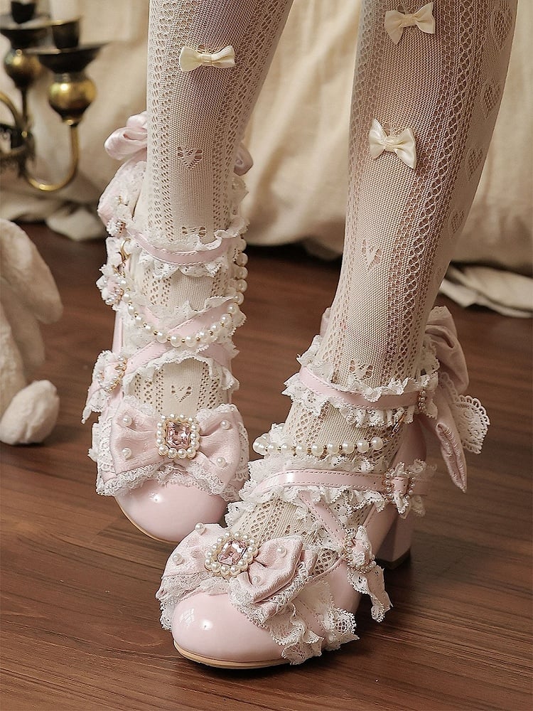 Pink Bowknot Crystal Round-Toe Lolita Shoes with Pearl Chain - image 1